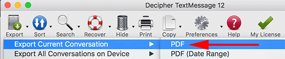 Choose export as PDF from the Decipher TextMessage menu