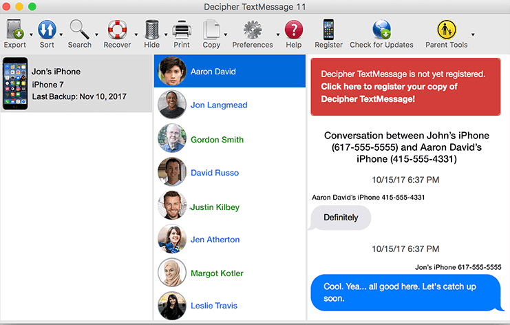 Example of what Decipher TextMessage program window