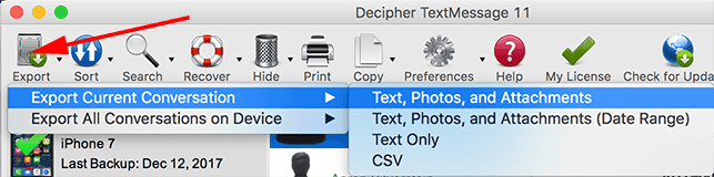 Export iPhone text messages options screenshot