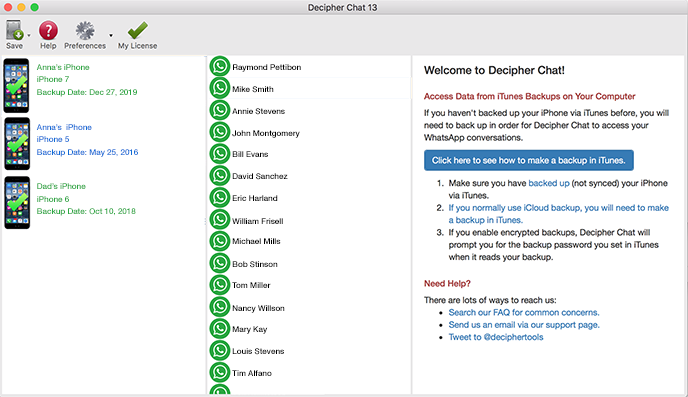 Launch Decipher Chat to save WhatsApp messages to PC or Mac.