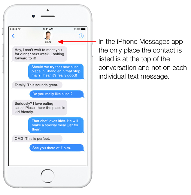 Messages app showing contact on each text message
