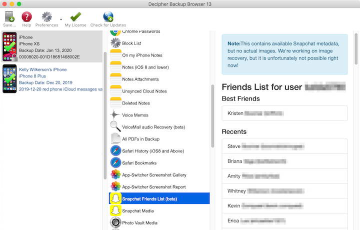 Decipher Backup Browser showing recovered Snapchat friends list information.