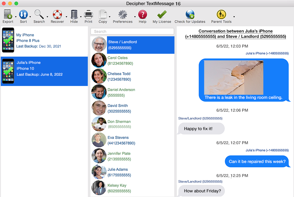 Pick a contact that has text messages you want to print from iPhone to document tenant or landlord SMS exchanges.