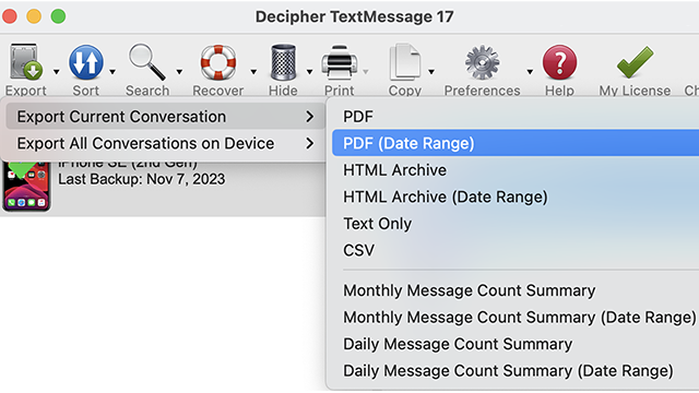 Export iPhone text messages to a document to send to your lawyer.