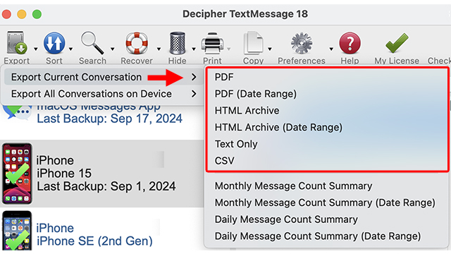 Decipher TextMessage export options PDF, CSV, HMTL, Plain Text.