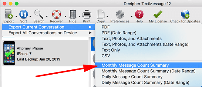Screenshot of how to export a count of text messages for time tracking at law firms