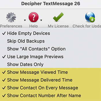 Select preferences to apply metadata timestamp to your iPhone text messages print outs.