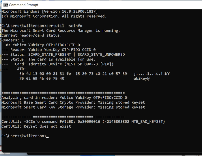 Microsoft CertUtil showing error message NTE BAD KEYSET.