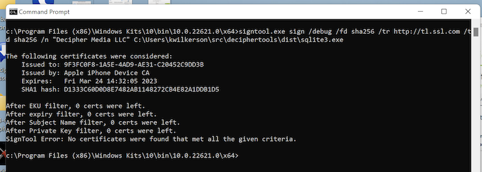 Microsoft SignTool showing error message No certificates were found that met all the given criteria.