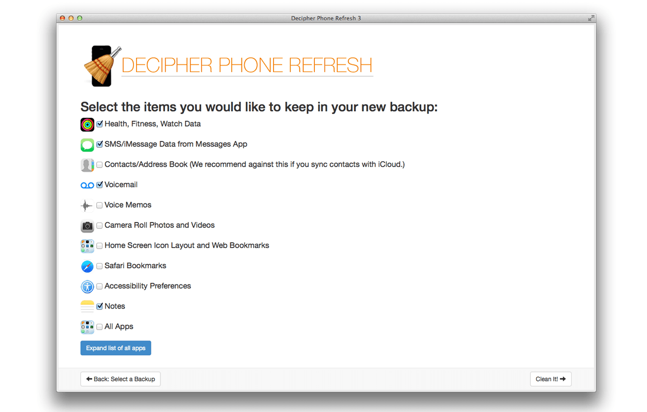 Customized iPhone backup options in Decipher Phone Refresh.