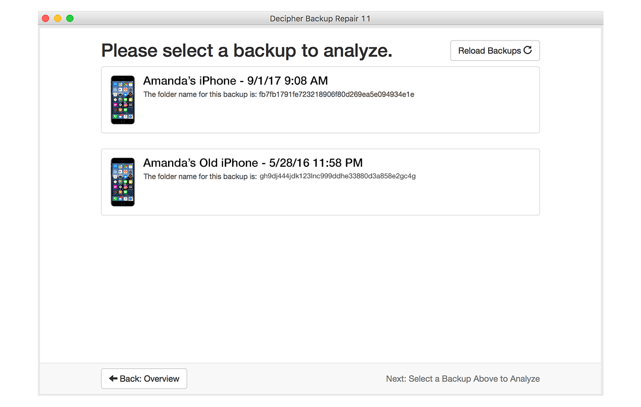 Choose your corrupt iPhone backup to repair