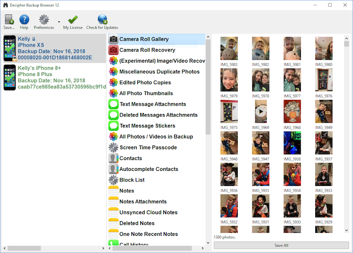 Screenshot of Decipher Backup Browser for Windows PC displaying iPhone photos from an iTunes backup