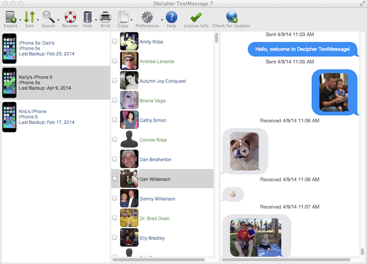 Browse your iPhone text messages in the main Decipher TextMessage window.
