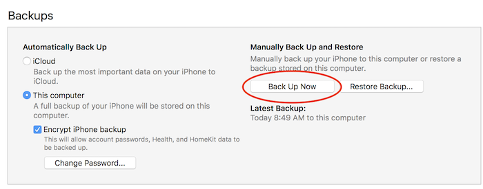 Screenshot showing how to backup your iPhone via iTunes with Back Up Now button