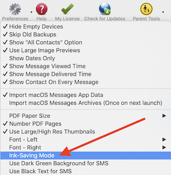 Ink Saving Mode setting in preferences menu of Decipher TextMessage