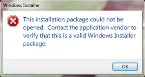 This installation package could not be opened. Contact the application vendor to verify that this is a valid Windows Installer package.